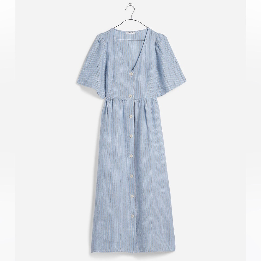 Madewell Cassie Button-Front Midi Dress in Linen - powder blue